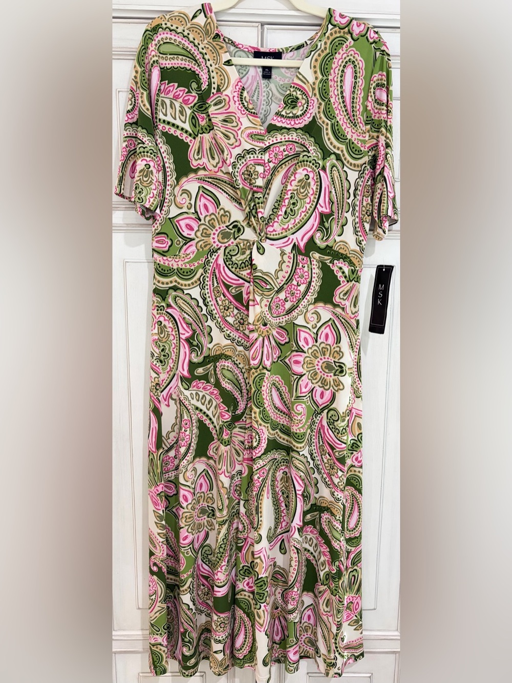 NWT SZ XL MSK Olive, Pink & Cream Paisley Knot-Front Maxi Dress